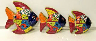 Fish Mexican Talavera Pottery Wall 3 Pc Nautical Animal Figure Tropical Folk Art