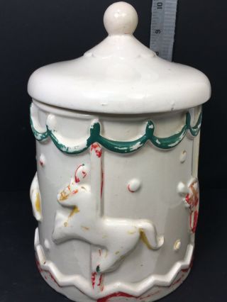 Cookie Jar Carousel Design Antique 10 " Tall,  Good Vintage W/ Lid White