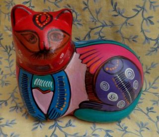 Vintage Cat Art Pottery Hand Painted Glazed Clay Signed Covelo Pascual Mexico 2