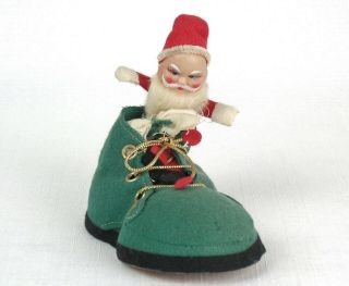 Vintage Christmas Santa Claus In Green Felt Shoe Plastic Face Japan