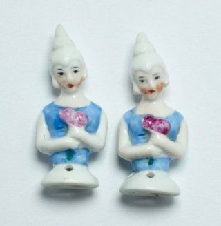Small German Porcelain Pincushion Dolls,  Half Dolls,  White,  Blue,  Pink