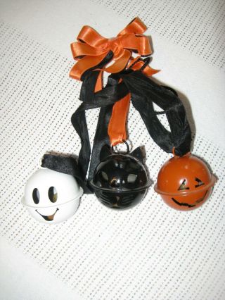 Set Of 3 Vintage Halloween Bells Black Cat - Ghost - Jack - O - Lantern