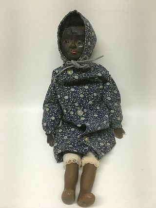 Vintage Black Folk Art Wax Doll Carved Face,  Very Detailed 14 - 1/2 " Unmarked