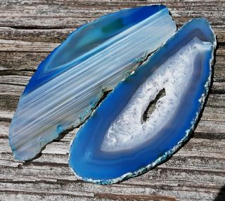 2 Large Blue Brazilian Polished Agate Geode Sliced Slab - Druzy Quartz Crystals 4 "