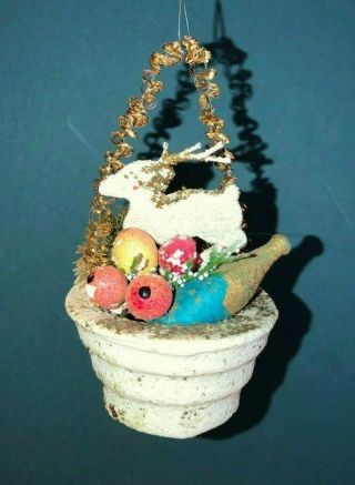 Vintage Old Mica Mini Decorated Basket W/ Paper Mache Figural Reindeer Fruit