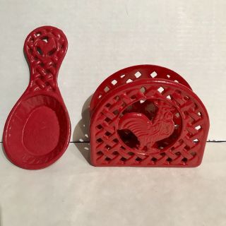 Rooster Anchor Hocking Napkin Holder And Spoon Rest Red Cast Iron