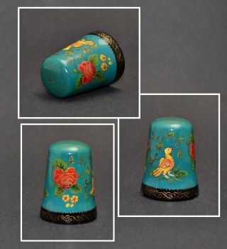 Russian Hand Painted Wood Thimble - Birds & Flowers