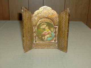Vintage Italian Gold Gilt Florentine Madonna & Jesus Triptych 5.  5 Euc