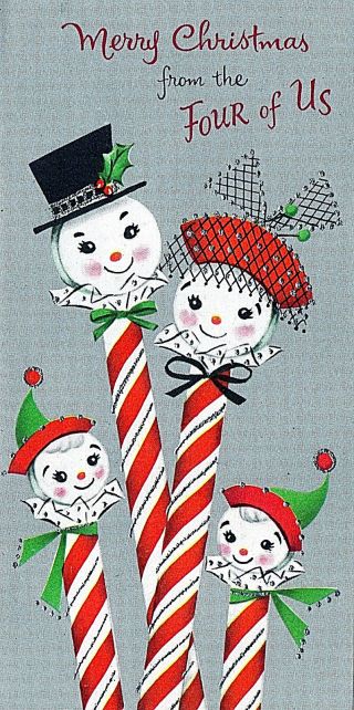 Vintage Xmas Card Peppermint Stick Candies Topped With Heads Of Snowman & Family
