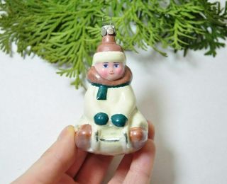 Boy On Sled Vintage Russian Ussr Glass Christmas Ornament Decor