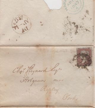 1847 Qv Cover With A 1d Penny Red Stamp Sent To Chas Reynard Near Ripley Yorks
