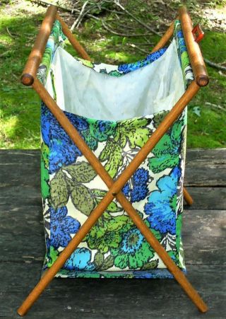 VTG Wood Folding Frame Floral Fabric Knitting Crochet Yarn Tote Caddy Stand Bag 4