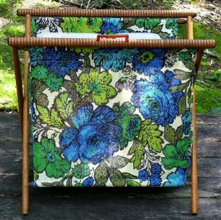 VTG Wood Folding Frame Floral Fabric Knitting Crochet Yarn Tote Caddy Stand Bag 5