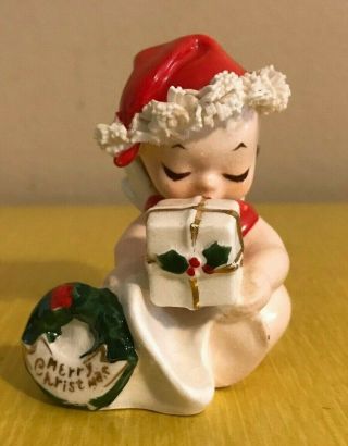 Vintage Napco Ceramic Christmas Santa Baby Angel Figurine W Spaghetti Trim Hat