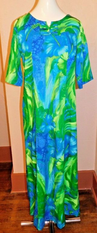 Vtg Mod Barkcloth Made In Hawaii Bold Floral Print Dress Blue Lime Green Maxi 10