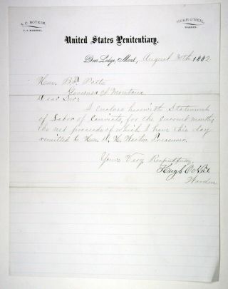 Deer Lodge,  Mt.  1882 Letter On Us Penetentiary Warden 