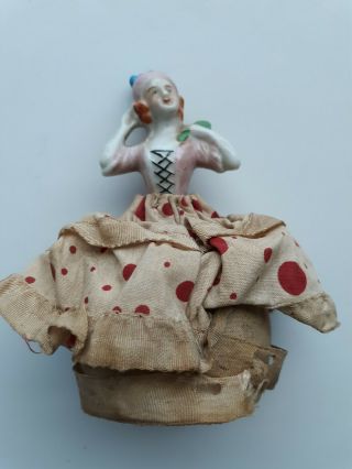 Vintage Half Doll Pin Cushion Porcelain Doll Polka Dot Japan