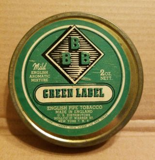 Very Rare Vtg Bbb Green Label English Pipe Tobacco Tin 2oz Round Empty England