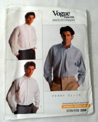 Vogue Pattern 2208 1980s Perry Ellis Loose Dress Shirt Designer 15 - 15.  5 - 16 Uncut