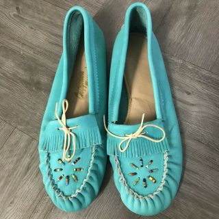 Vtg Native American Indian Chippewa Leather Moccasins Beaded Teal Soft Sole Sz 9
