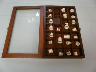 23 Vintage Porcelain,  Hand Painted & Other Adv Thimbles In Wooden Display Case