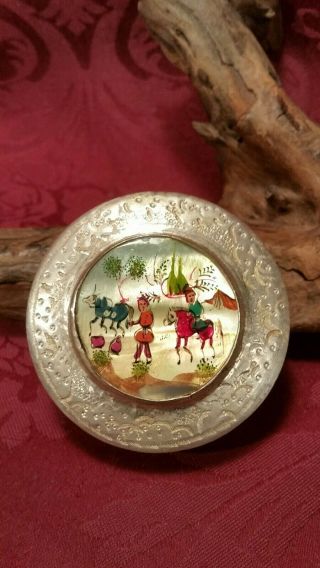 Vintage Asian Art Trinket Pill Box Hand Painted Mother Of Pearl Top With Mirror