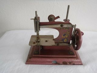 Vintage Tin Toy Sewing Machine Pink German Hand Crank