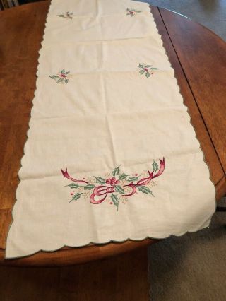 Vintage Christmas Table Runner 16” X 52” Holly And Holly Berries