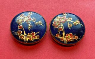 Vintage Cobalt Blue Background With Red Flowers Satsuma Buttons,  Japan