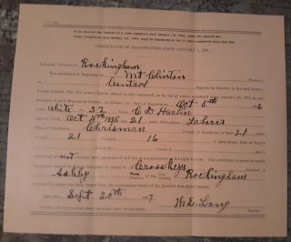Certificate Of Registration For Voting In Virginia 1904