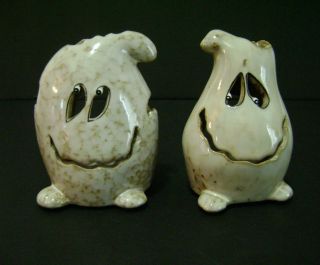 Pair Halloween Ghost Flameless Tea Light Candle Holders 4” Ceramic Stoneware