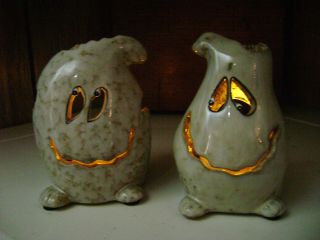 Pair Halloween Ghost Flameless Tea Light Candle Holders 4” Ceramic Stoneware 2