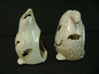 Pair Halloween Ghost Flameless Tea Light Candle Holders 4” Ceramic Stoneware 3