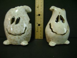 Pair Halloween Ghost Flameless Tea Light Candle Holders 4” Ceramic Stoneware 5