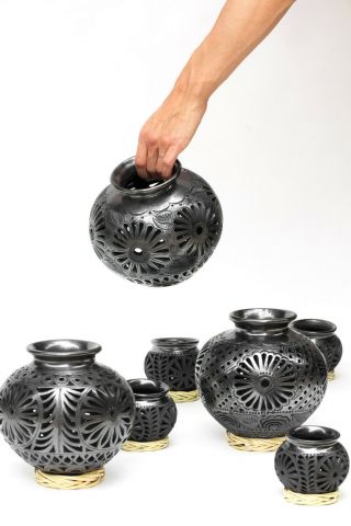 Ceramic Flower Vase Black Pottery Barro Negro Oaxaca Dona Rosa Mexico Folk Art 1 2