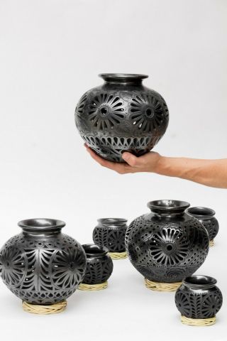 Ceramic Flower Vase Black Pottery Barro Negro Oaxaca Dona Rosa Mexico Folk Art 1 3