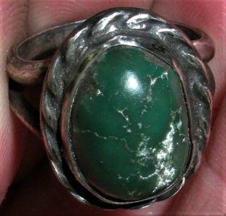 Antique C.  1930 Navajo Coin Silver Ring Turquoise Dark Green Color Vafo