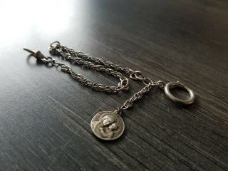 Antique Silvered Pocket Watch Chain With Double Links With Medal Maria / Pope