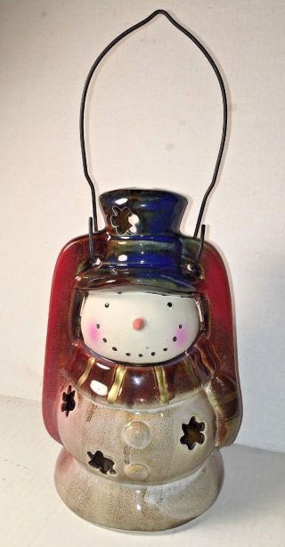 Stoneware Snowman Lantern Hanging Candle Holder Christmas Holiday Winter Decor