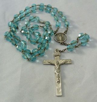 Vintage Sterling Silver Blessed Mother Faceted Aqua Blue Crystal Rosary Beads