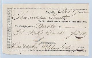 Freight Bill For The Maryland And Virginia Steam Boat Co.  Dated Nov.  17,  1832