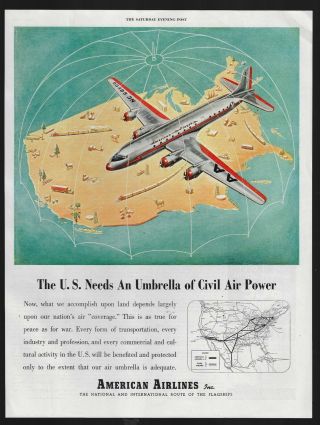 American Airlines Airlines Flying United States Map 75 1945 Vintage Print Ad
