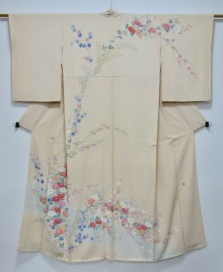 Japanese Silk Kimono / Hand Work Kaga - Yuzen / Flower Pattern / Silk Fabric /217