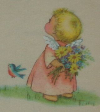 Vintage Greeting Card,  Sweet Angel And Bird,  Rust Craft 6 "