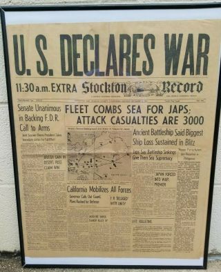 Ww2 Dec.  8th 1941 U.  S.  Declares War Pearl Harbor Attacked Stockton Ca.  Newspaper