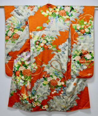 Japanese Kimono Silk Furisode / Gorgeous Flower & Fan / Orange /silk Fabric/204