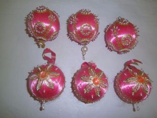 Vtg Handmade Beaded Sequined Christmas Ornaments Bead Sequin Pin Satin Six Pink