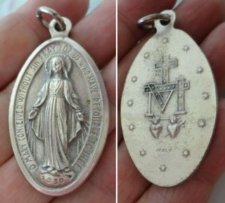 Vintage Miraculous Medal Virgin Mary Pendant Silver Metal Signed Italy 1 - 7/8 "