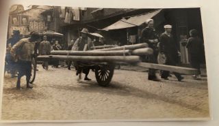 1934 Shanghai China Photo Coolies Hauling Lumber On Carts
