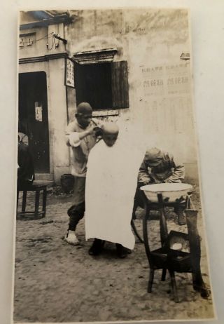 1934 Shanghai China Photo Outdoor Barbershop With Sign